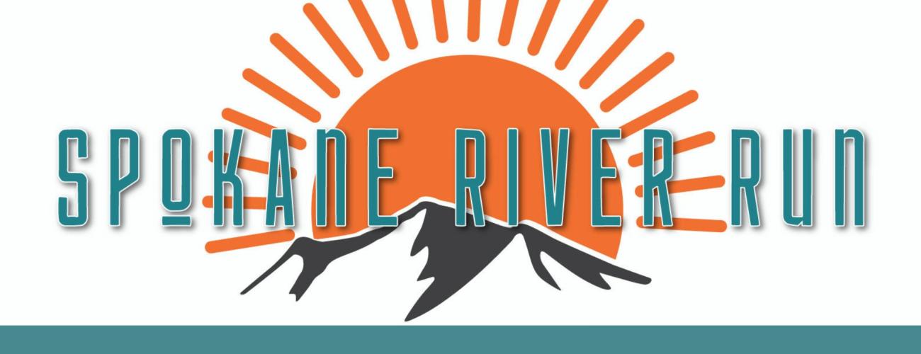 The Spokane River Run logo with a black and white mountain peak and a big orange sun behind it.