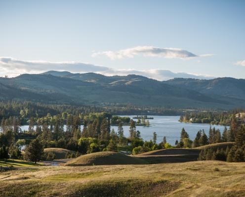 A wide view of golden rolling hills in the foreground, a lake surrounded by trees, and tall mountains in the background.