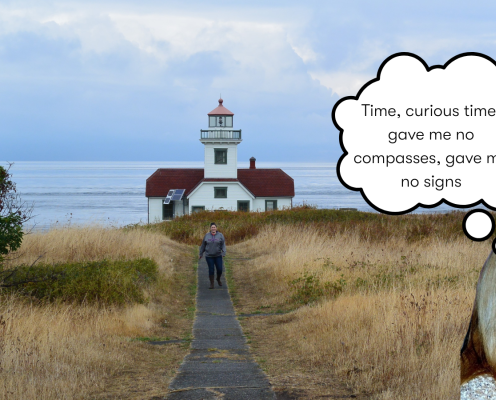 A woman hikes from a lighthouse through a field of brown grass. A cutout of Taylor Swift in the corner has a thought bubble saying "Time, curious time, gave me no compasses, gave me no signs."