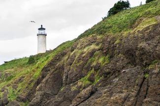 A long shot of North Head Lighthouse atop a green, rocky cliff with birds soaring above it in a gray sky