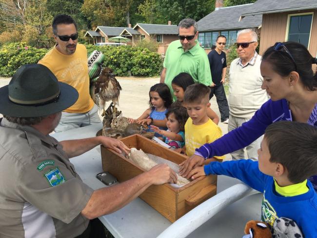 Kids and adults touch a bone in a box at an interpretive display with a park ranger