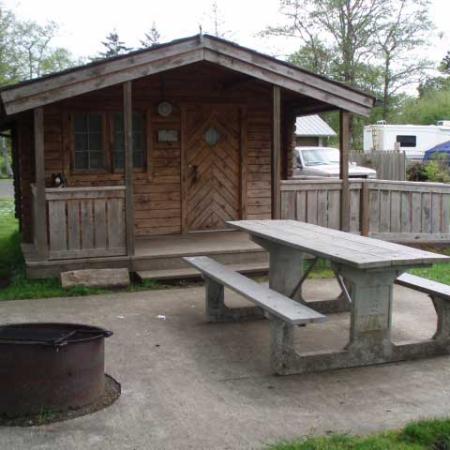 Picnic table and fire pit in front of cabin.