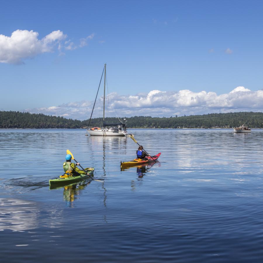 Kayakers on the bay surrounding Hope Island State Park.