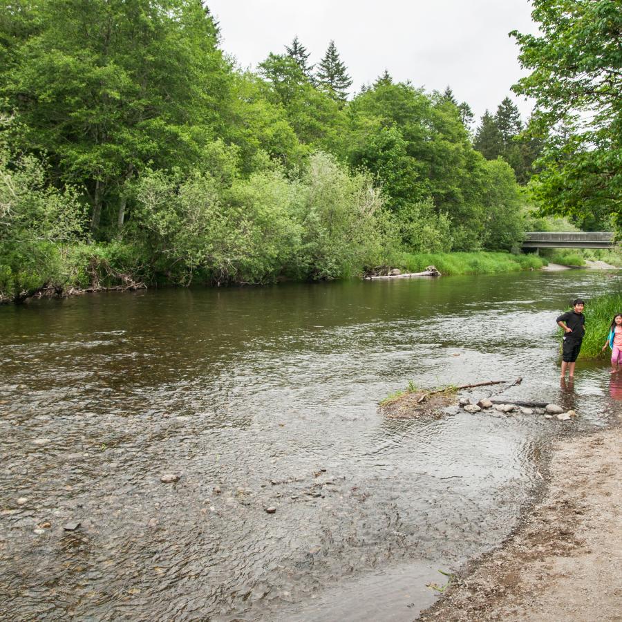 Two youths enjoying the river shoreline. There are rocks visible by the water, trees with green leaves visible on both sides, and in the distance what looks to be a bridge over the water.