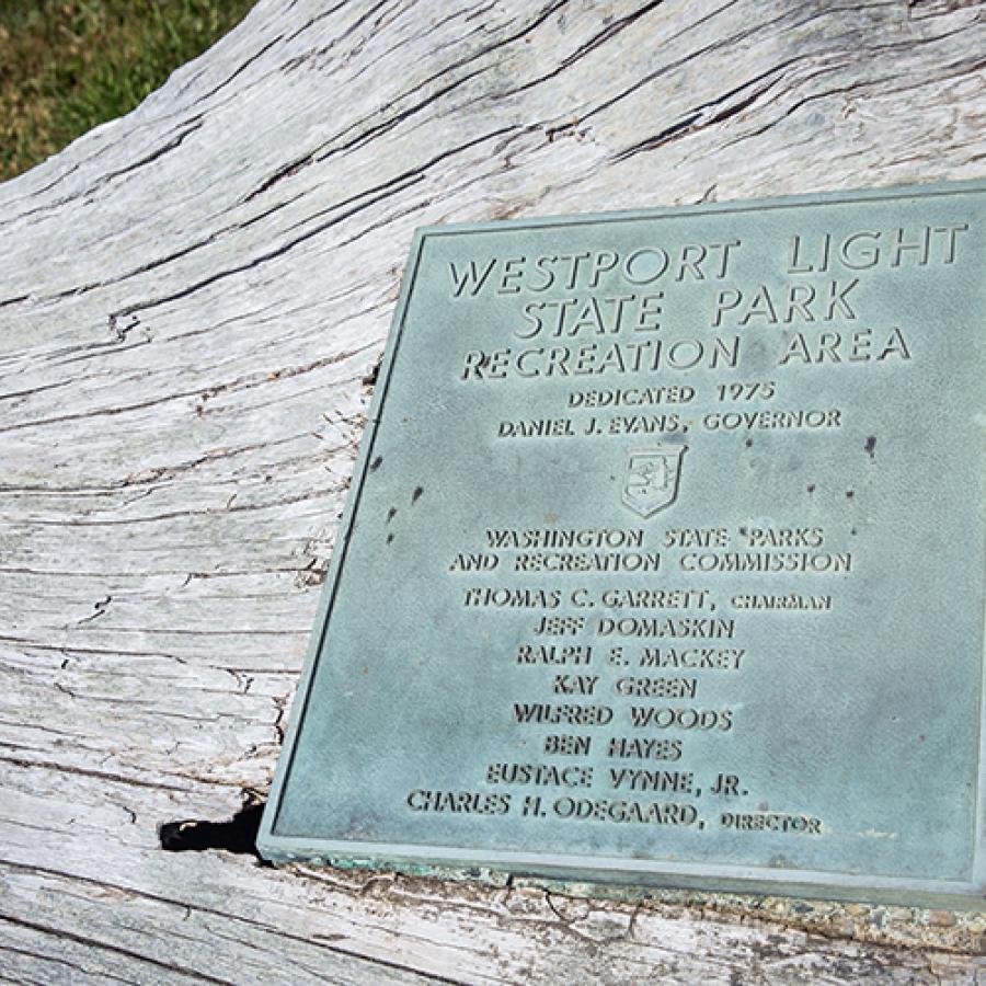 Westport Light's dedication sign placed on a log.