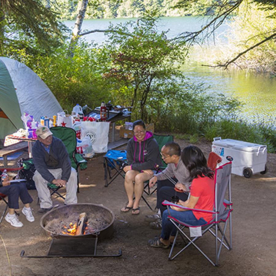 campsite with people sitting around an open campfire and tent pitched behind them