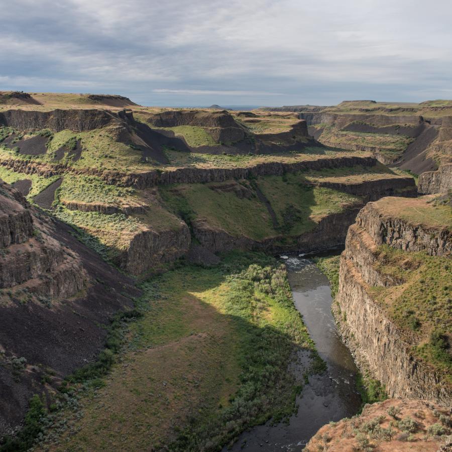 A river flows through a rocky canyon with patches of grass and shrubs.