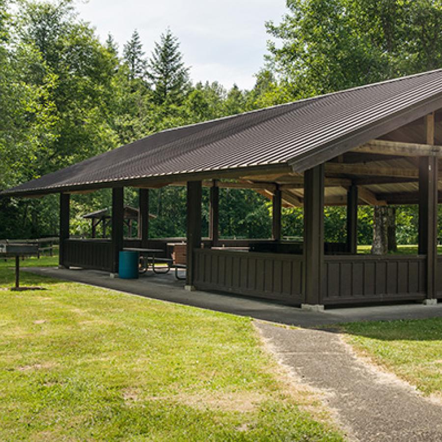A open, brown picnic shelter with a brown metal roof sits in a grassy field with a barbeque next to the shelter. Evergreen trees surround the field with blue sky coming through.