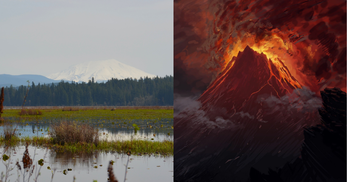 side by side photos of Seaquest State Park and The Lord of the Rings' Mount Doom