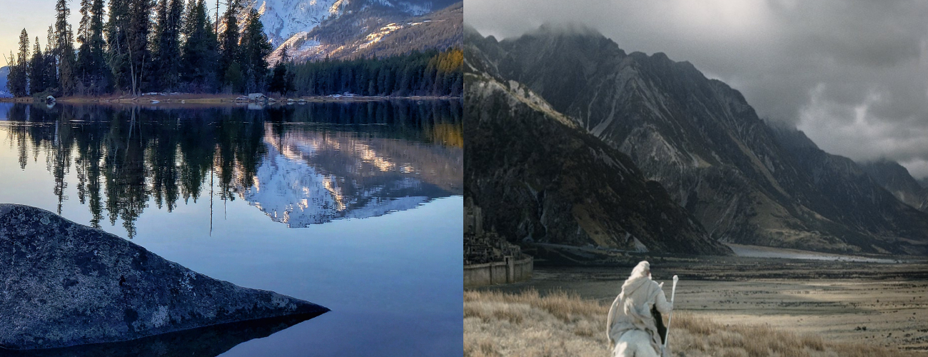 side by side photos of Lake Wenatchee State Park and The Lord of the Rings' Gondor