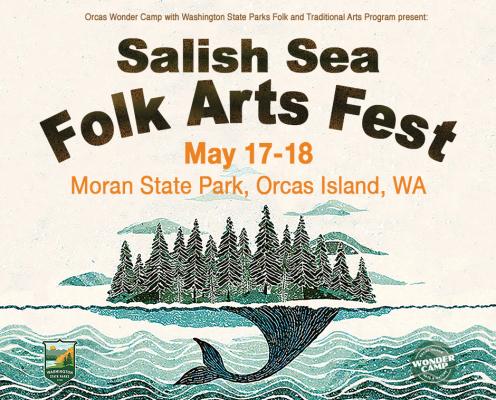 Title: Salish Sea Folk Arts Festival. An illustration with an island that has pine trees and a fishtail coming out under the island. There are small islands on the background and waves in the foreground. 