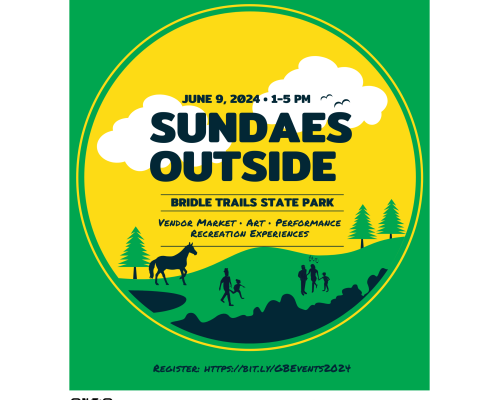 Sundaes Outside graphic poster green background with a yellow circle in the middle. Clouds, horse, people, trees in the circle.