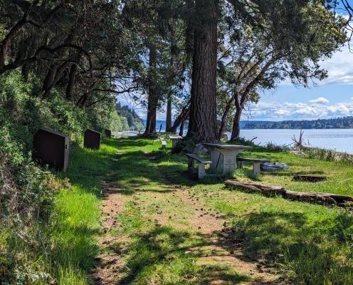 A grassy campground with water