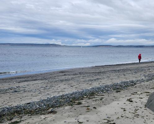 Boy in a red jacket walking on the beach at Fort Worden State Park on a cloudy gray day