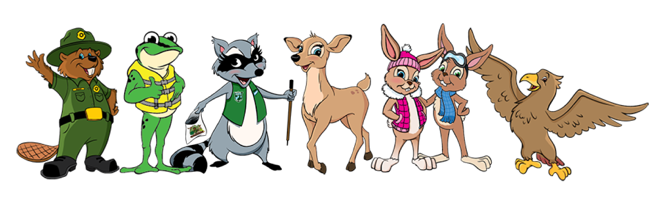 Anthropomorphic graphic depictions of the Washington State Parks mascots, from left to right a beaver named Bagley in a ranger uniform waving his hand, a frog  named Lewis in a yellow life jacket giving a thumbs up, a raccoon named Belle wearing a volunteer vest and holding a trash bag and a stick, a light brown deer named Ruth, two snowshoe hares named Matilda and Blake wearing winter recreation gear and a red-tailed hawk named  Wallace.