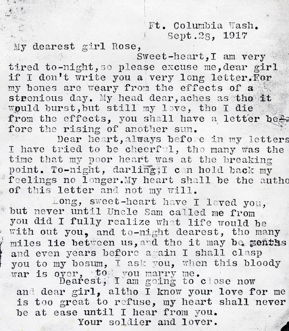 A letter dated Sept. 28, 1917 written by a soldier at Fort Columbia