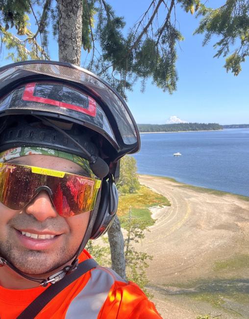 A selfie taken from a tree with a beach in the background and a mountain.