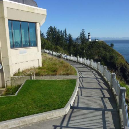 The railed path outside of the interpretive center, looking out into the ocean.