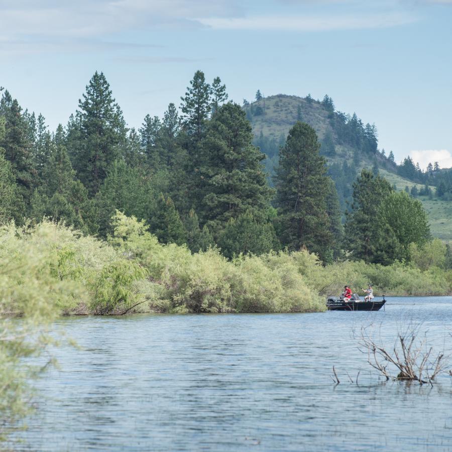 Two people are in a small boat fishing with bushes lining the shoreline and mountains and trees in the background.