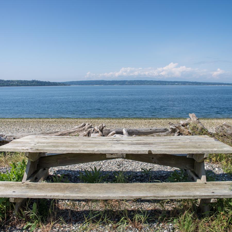 Picnic table next to the rocky beach at Camano Island State Park. Driftwood is visible in the background.