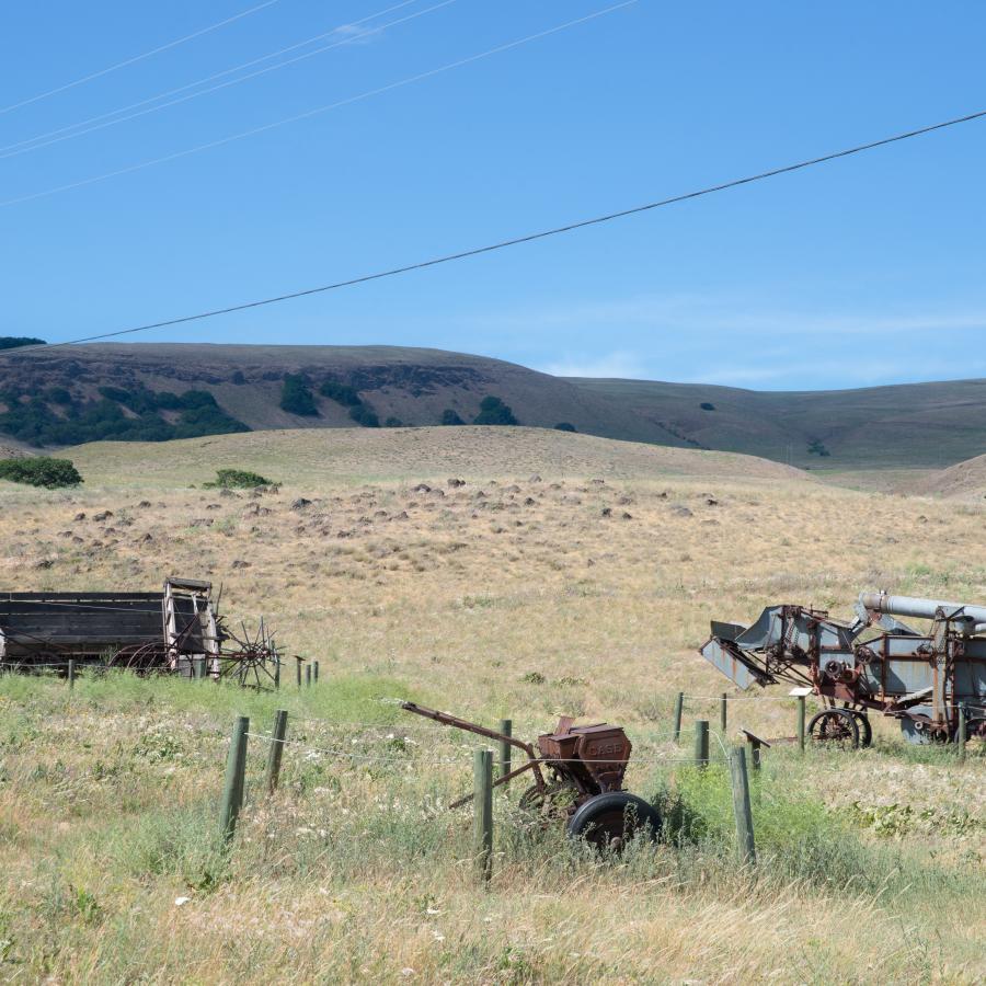 historic rusted farm equipment sitting in a field of grass