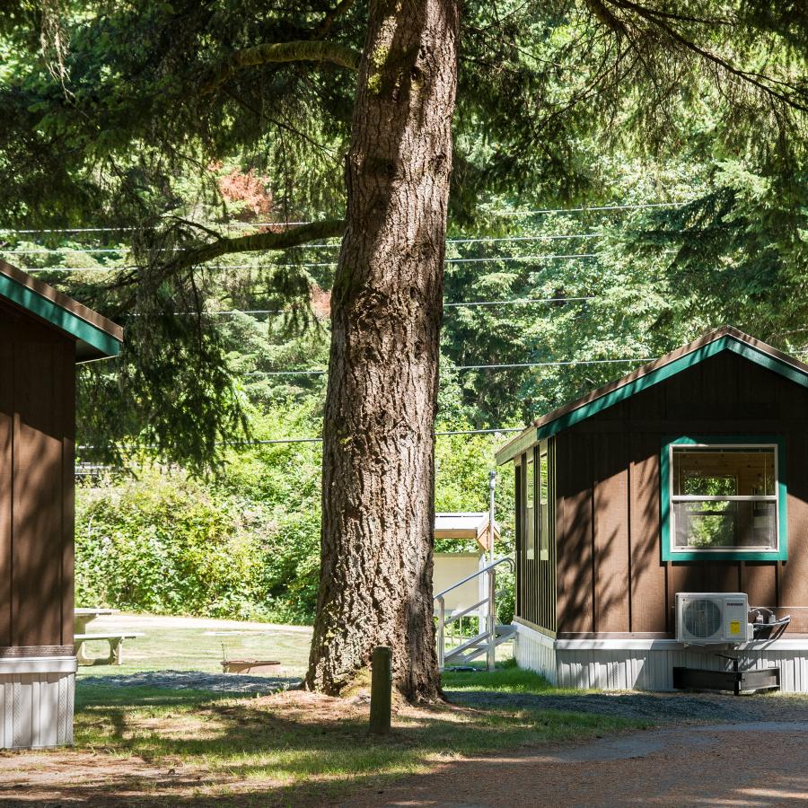 Front view of the cabins at Dosewallips State Park.