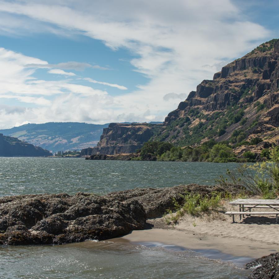 beach shore with picnic table overlooking the lake