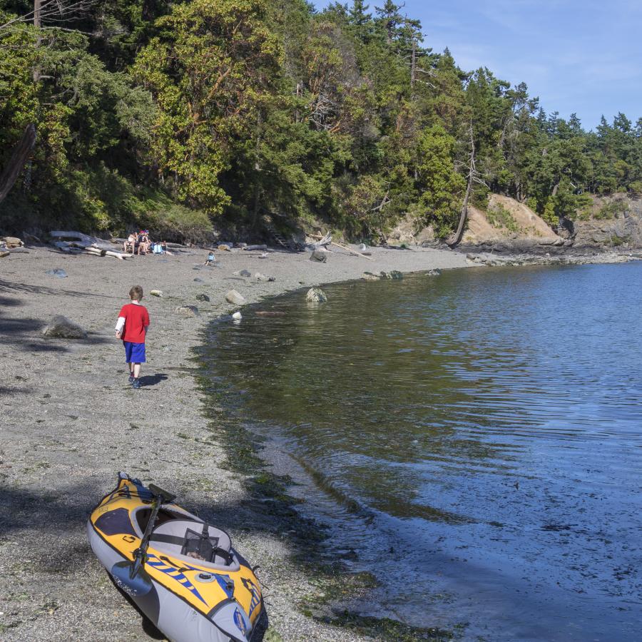 Kayak along the rocky beach with two youths and seven adults visible enjoying the beach. Large chunks of driftwood are visible as are rocks along the beach. The forest in the background is filled with deciduous trees with bright green leaves.