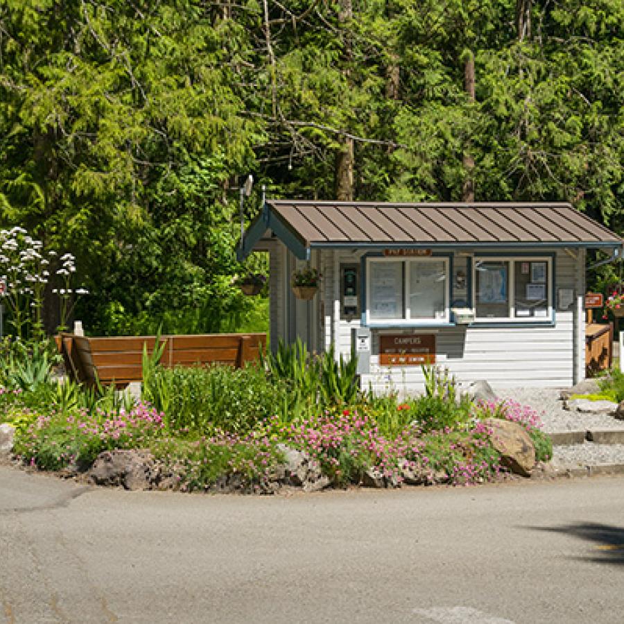 Check in booth in the campground at Sequim Bay State Park.