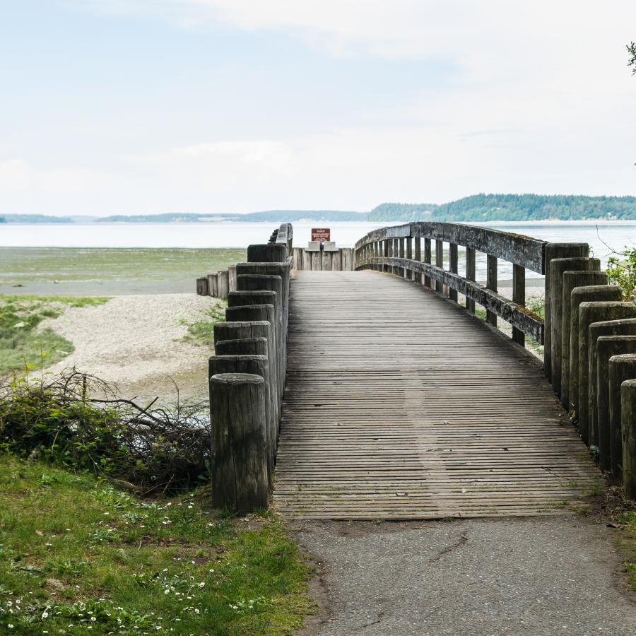 Greying-brown wooden bridge connecting a path down to the rocky beach. Some green plants are visible in the water and in the background more forested landmasses are visible.