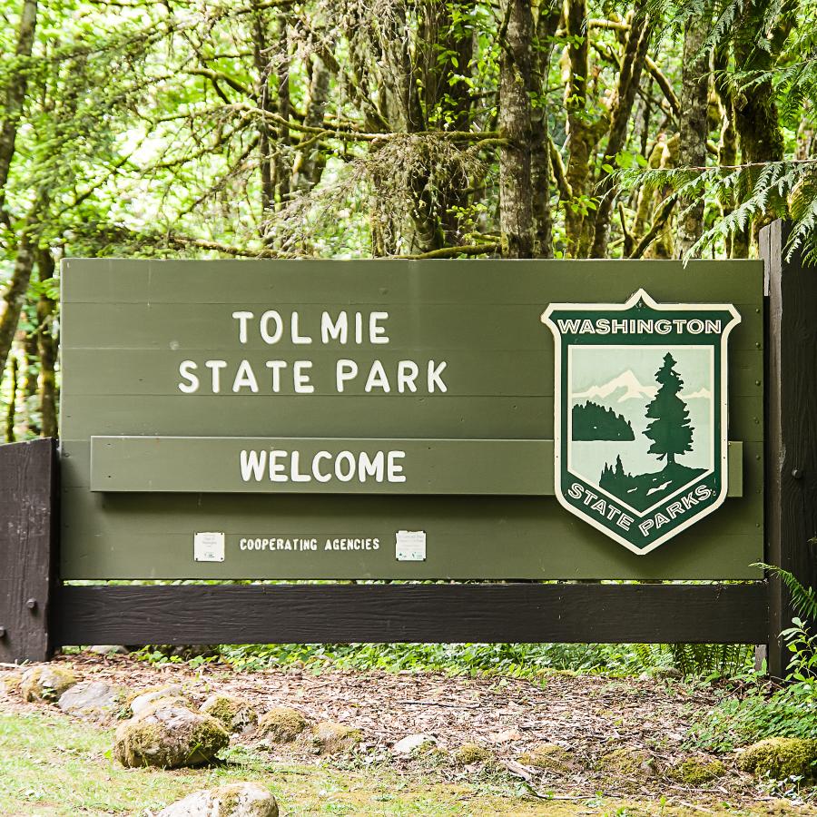 Tomie State Park welcome sign. Sign is greenish-brown with chocolate brown framing. Sign is wooden and surrounded by lush, green trees.