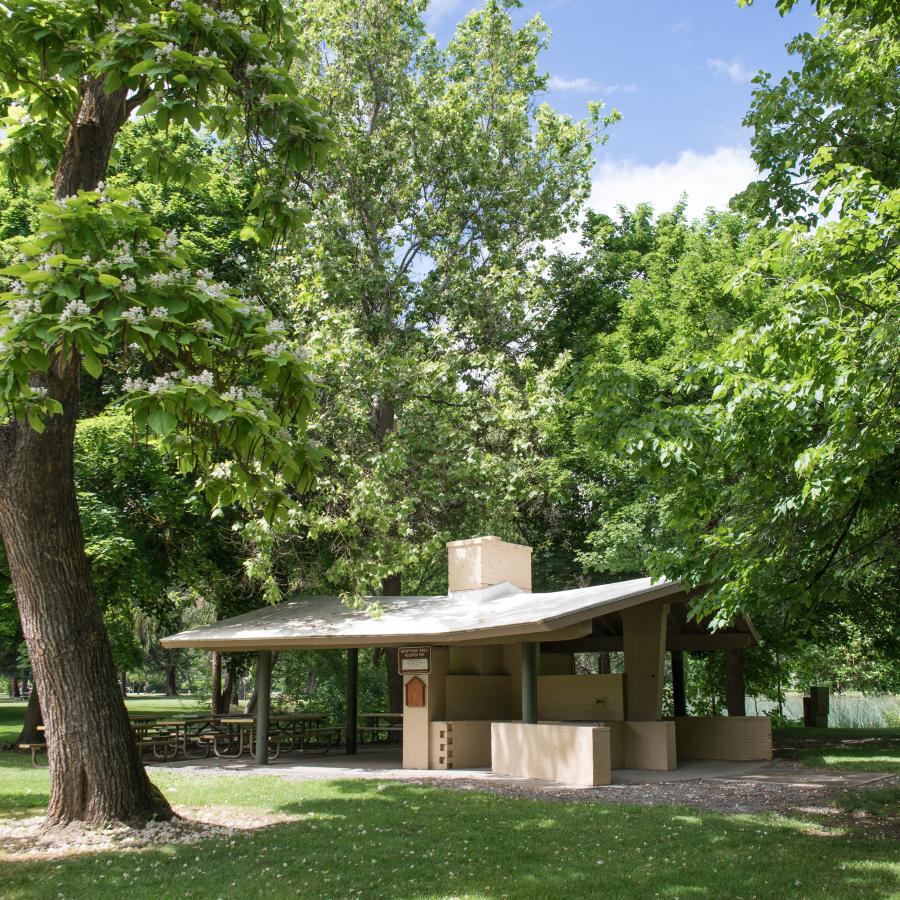 Kitchen shelter in between tall leafy green trees, in the middle of a green field.