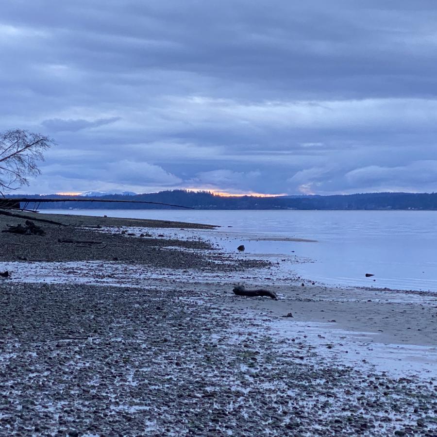 Kopachuck beach sunset on rocky shore of Henderson Bay