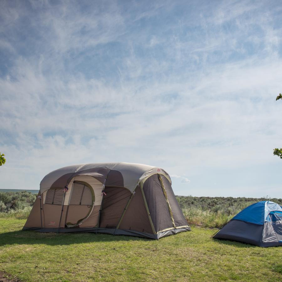 Tents sit on grass in front of a sage brush landscape