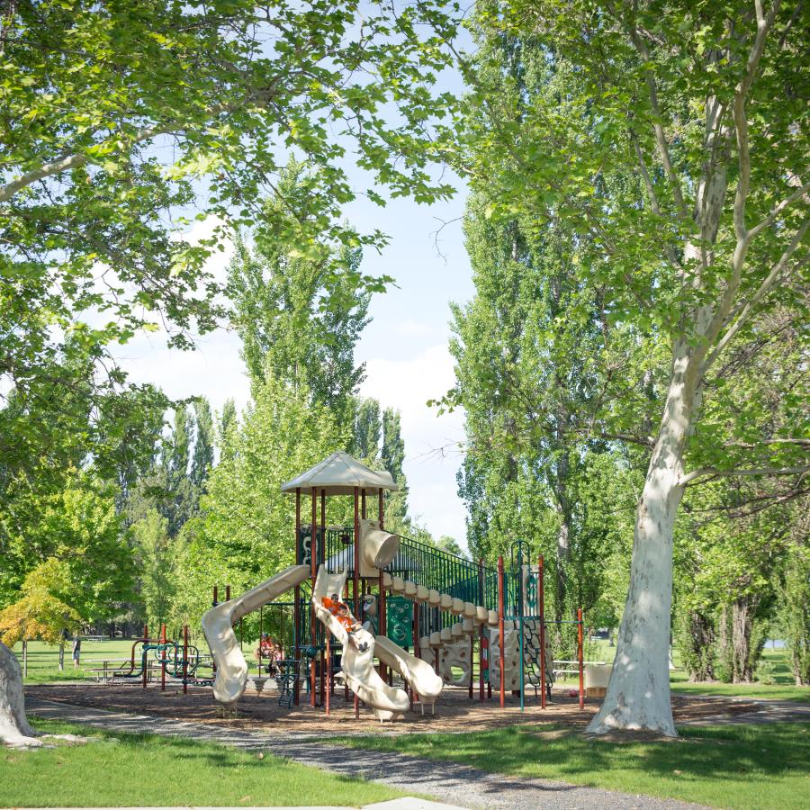 Two children slide down a slide on a playground set. The playground sits on wood chips in a grass field with green leafy trees providing shade. A cement walkway cuts through the field and goes around the playground.