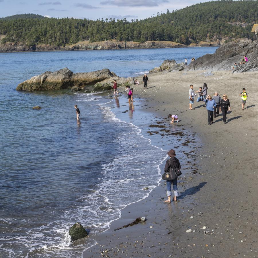 People walk on sand near the waves. Islands in the distance covered by trees.