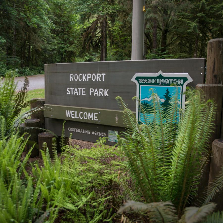 Rockport State Park wooden entrance sign with the state parks shield and the word "welcome." In front of the sign is ferns and in the background lush green trees and undergrowth.
