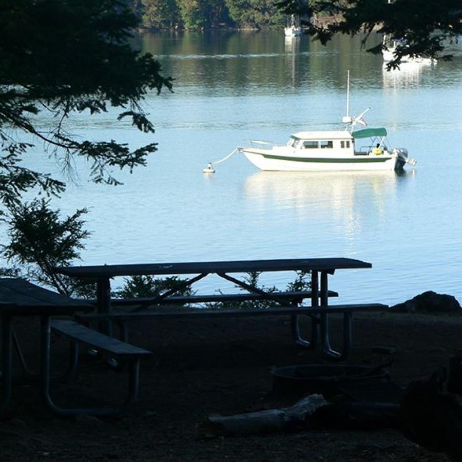 View from picnic table looking out towards the water with personal watercraft moored