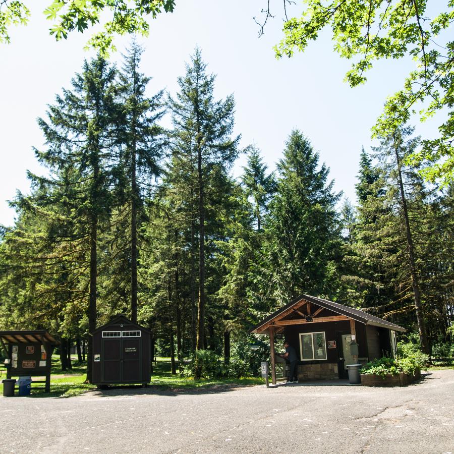 Two dark brown wood structures and a bulletin board sit at the edge of asphalt with green grass and tall evergreen trees behind them.