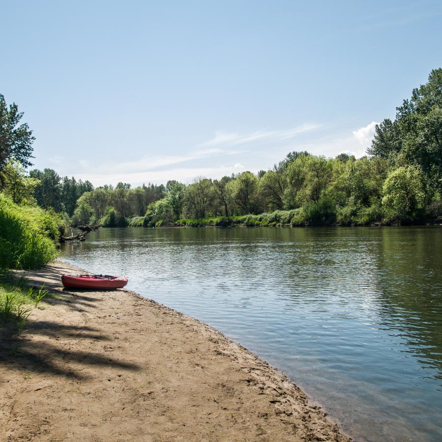 A red kayak sits on the sandy beach next to a river with small ripples reflecting the green trees and blue sky. Tall, green grass lines the edge of the sandy beach.