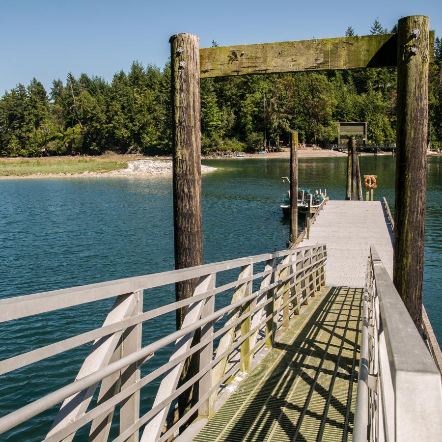 A metal ramp with green mildew leads to a floating dock with two large wooden supports and three wooden supports and an orange throw ring at the end of the dock. A small boat is tied to the left side. Large evergreen trees, a grassy area with a rocky beach and blue sky are seen in the background.