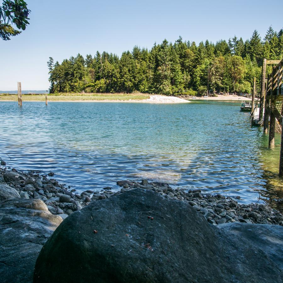 At the rocky water's edge, looking at blue-green water, a white boat with a green strip sits behind an evergreen tree on the left, across the water are more evergreen trees. A wooden dock sits on the right side with a boat tied to the end of the dock.