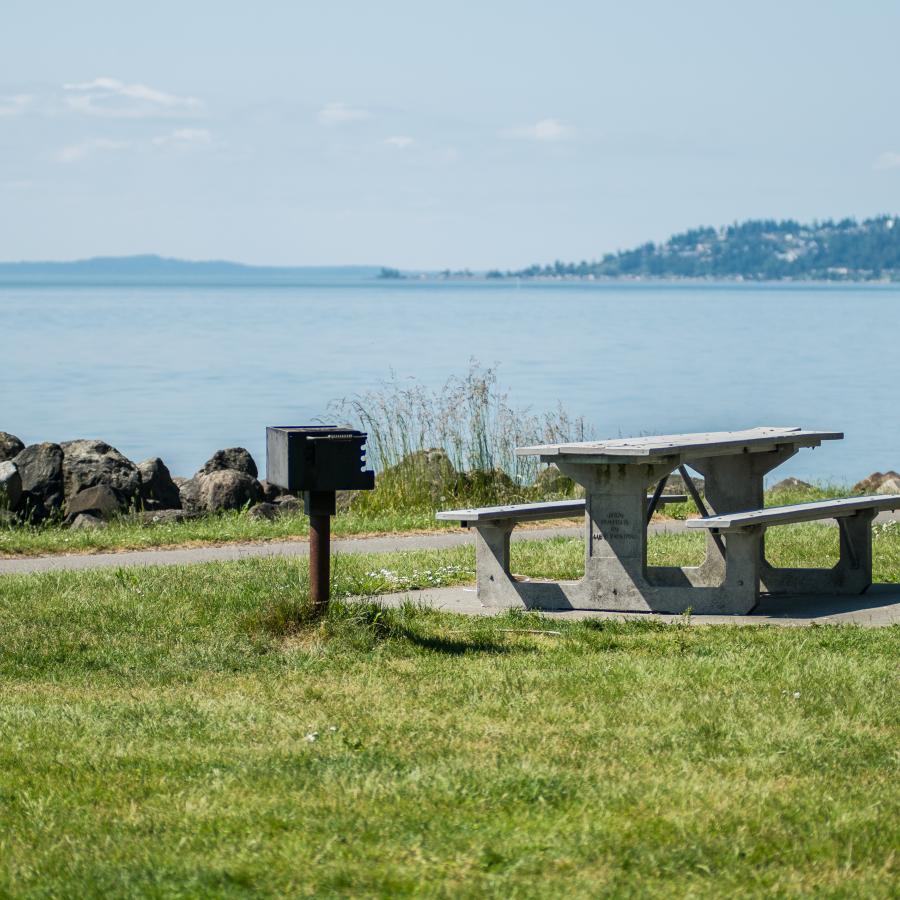 A picnic table and charcoal brazier over looking the water