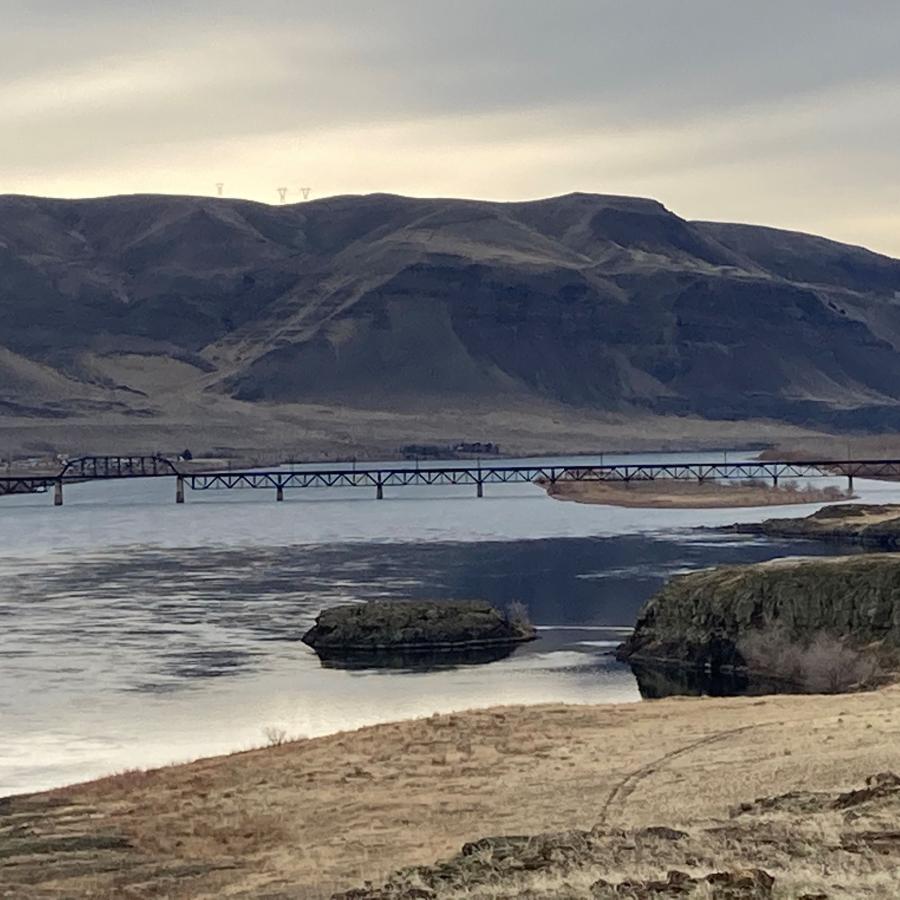 River with mountains and bridge