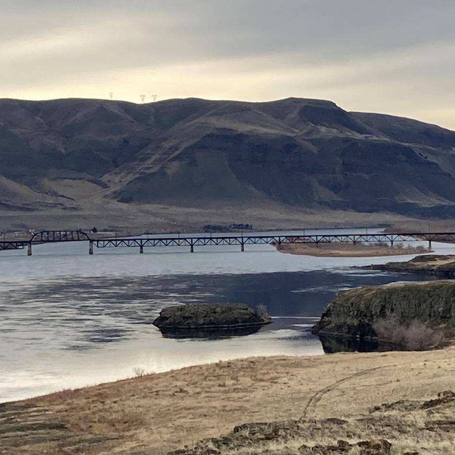 River with mountains and bridge